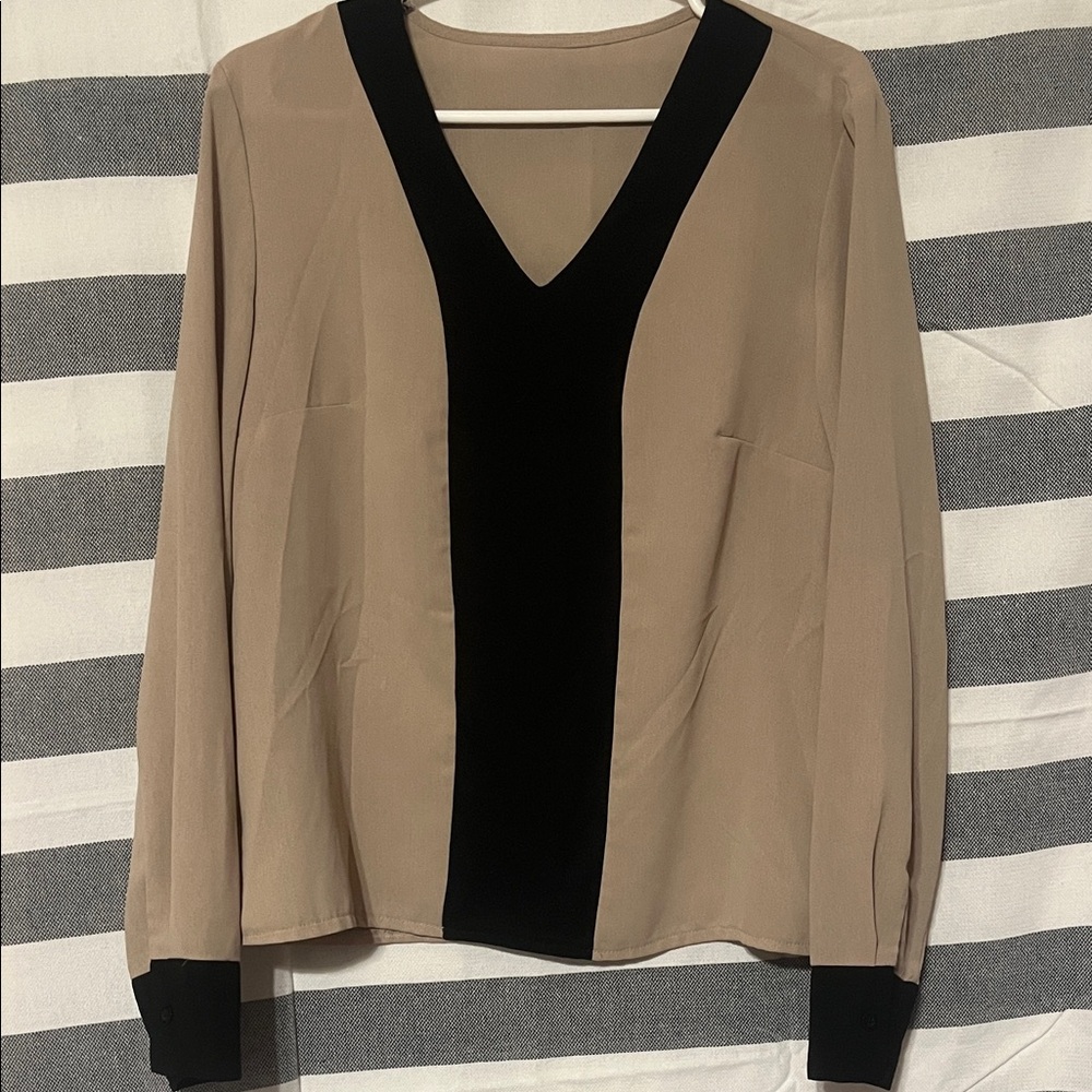 SHEIN Tan and Black V-Neck Blouse